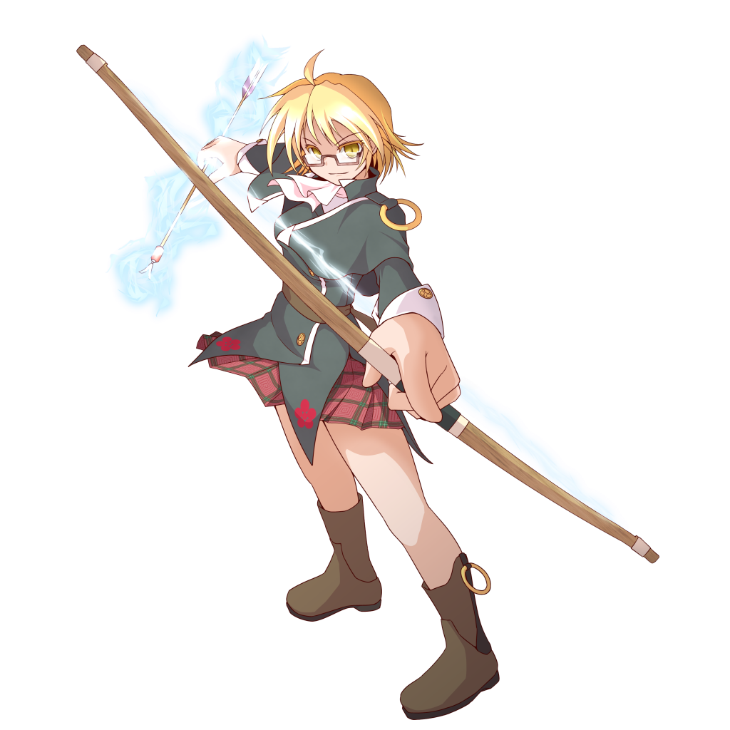 1girl, ahoge, blazer, blonde_hair, boots, bow_(weapon), energy, glasses, kanenoya, magahara_mitama, mystical_power_plant, original, plaid, plaid_skirt, pointing, shawl, short_hair, skirt, smile, solo, touhou, weapon, white_background, yellow_eyes
