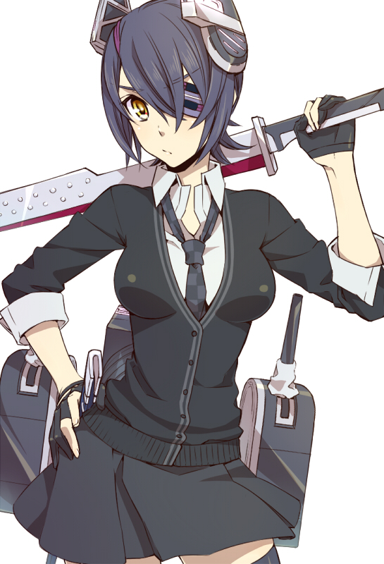 1girl, eyepatch, fingerless_gloves, gloves, headgear, kantai_collection, looking_at_viewer, machinery, necktie, personification, potato_(oriha94), purple_hair, scabbard, sheath, short_hair, solo, sword, tenryuu_(kantai_collection), thighhighs, turret, weapon, yellow_eyes