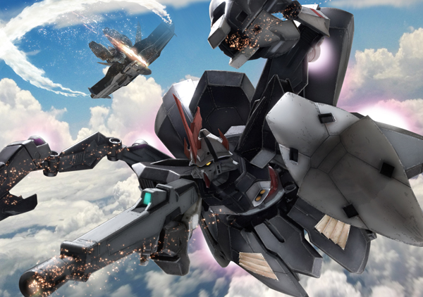 cloud, clouds, flying, griepe_gundam, gun, gundam, gundam_wing, gundam_wing_dual_story:_g-unit, hydra_gundam, lowres, mecha, robographer, shield, sky, weapon