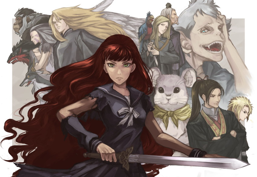 1girl, animal, aozaru, beast, bird, blonde_hair, blue_eyes, character_request