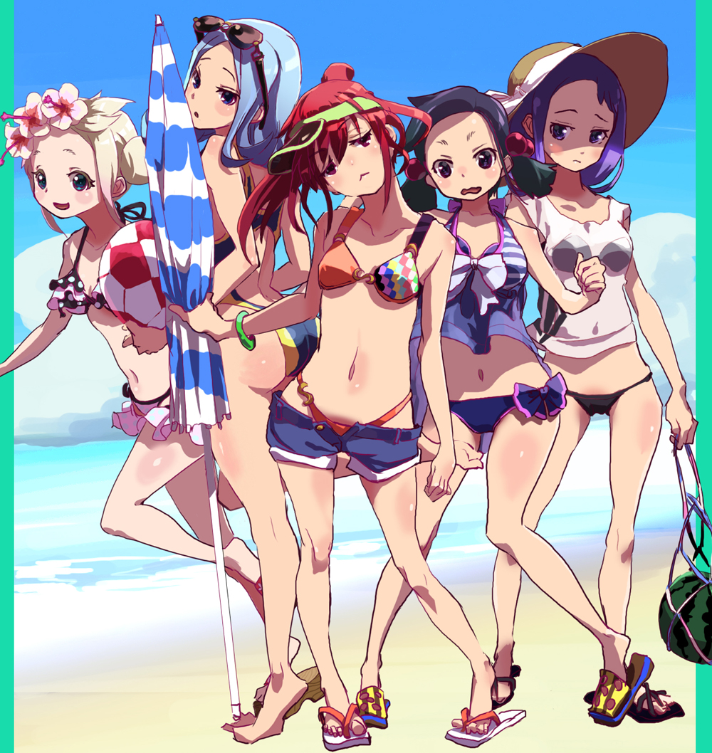 5girls, ass, atago_hiroe, atago_kinue, back, beach, bikini, black_bikini