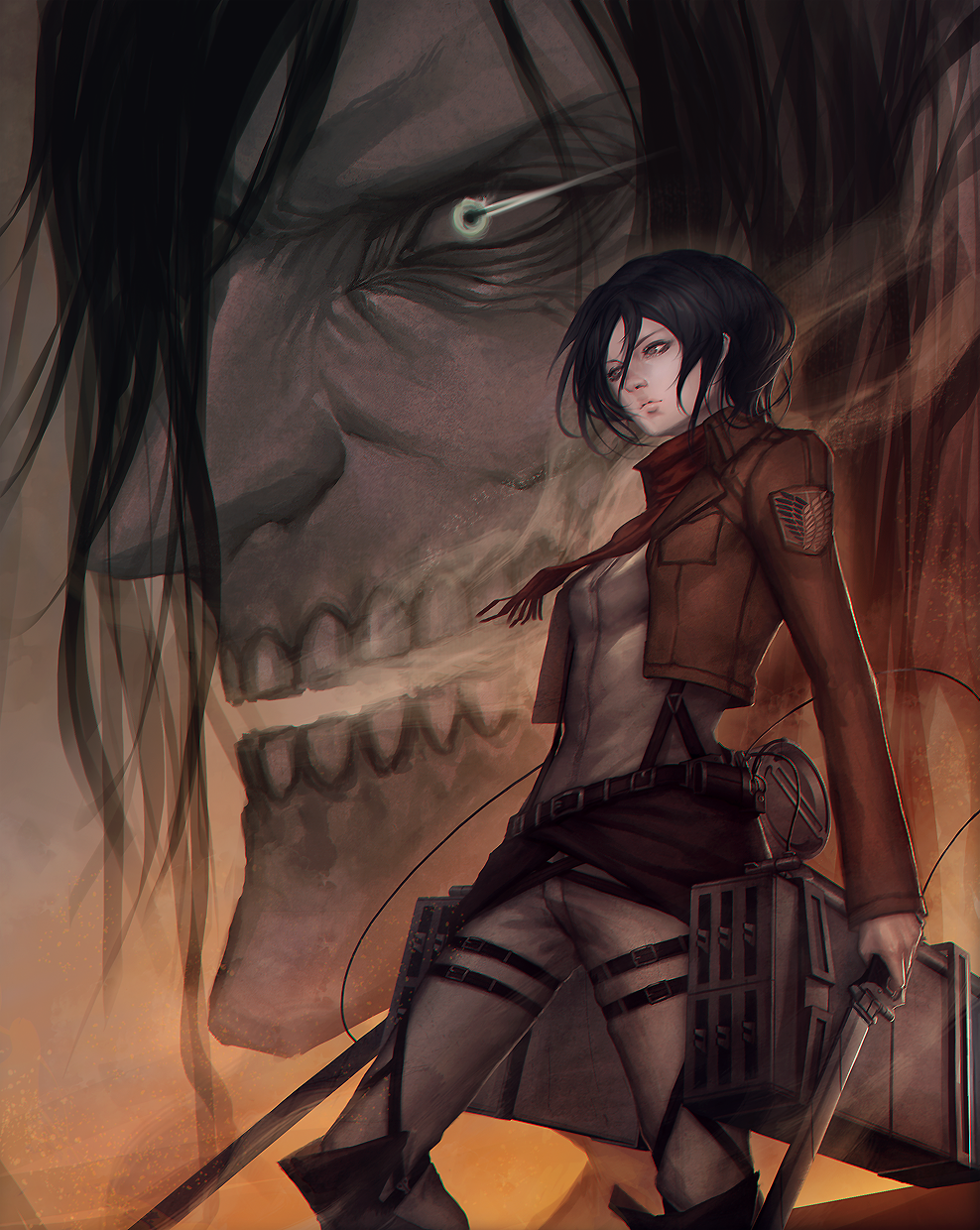 arieaesu, black_hair, dual_wielding, giant, highres, jacket, mikasa_ackerman, rogue_titan, scarf, shingeki_no_kyojin, short_hair, teeth, three-dimensional_maneuver_gear