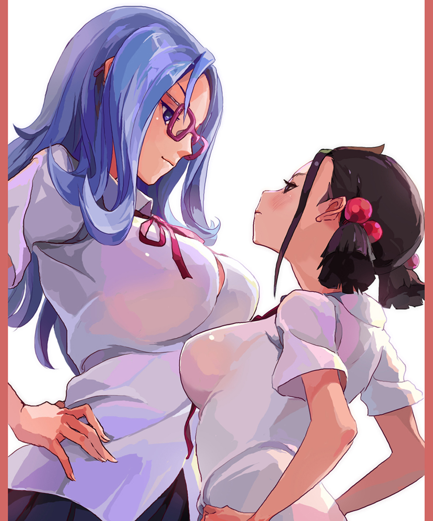 2girls, atago_kinue, blue_eyes, blue_hair, blush, breasts, dress_shirt, face-to-face