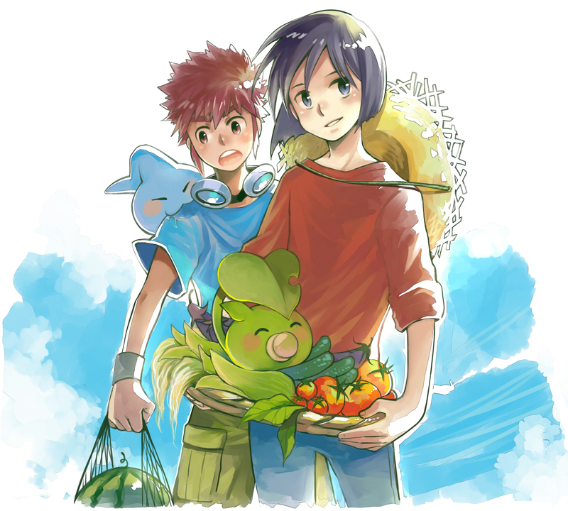 2boys, :3, biting, blush, brown_eyes, brown_hair, chicomon, creature