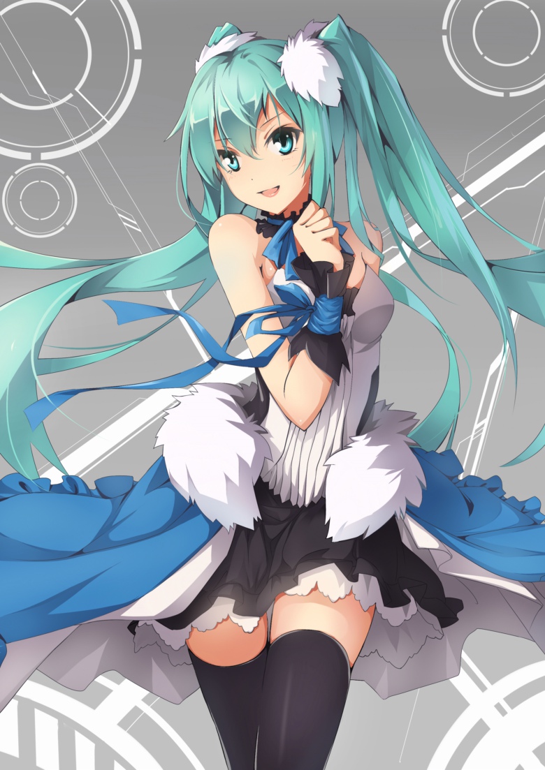 1girl, 7th_dragon, 7th_dragon_2020, aqua_eyes, aqua_hair, ello, hatsune_miku, long_hair, skirt, solo, thighhighs, twintails, very_long_hair, vocaloid