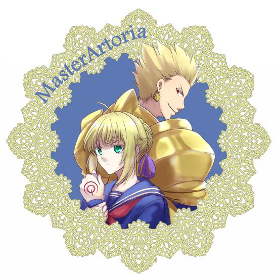 1boy, 1girl, ahoge, armor, blonde_hair, command_spell, earrings, enisi_sakura, fate/stay_night, fate_(series), gilgamesh, green_eyes, hair_ribbon, jewelry, red_eyes, ribbon, saber, school_uniform, serafuku