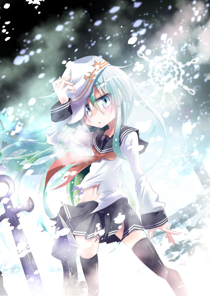 1girl, anchor, aqua_eyes, aqua_hair, black_legwear, blizzard, hibiki_(kantai_collection), kantai_collection