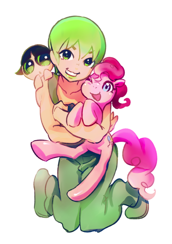 1girl, 2girls, :3, animal_hug, black_hair, buttercup_(ppg), crossover, foo_fighters