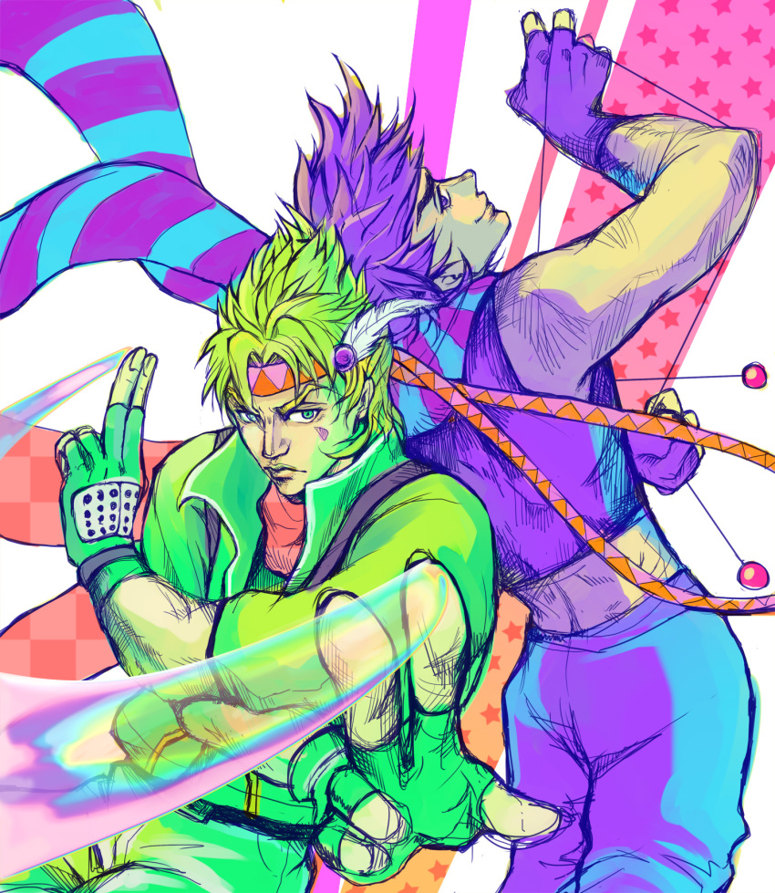 2boys, blonde_hair, bola_(weapon), bubble, caesar_anthonio_zeppeli, facial_mark, feathers, fingerless_gloves