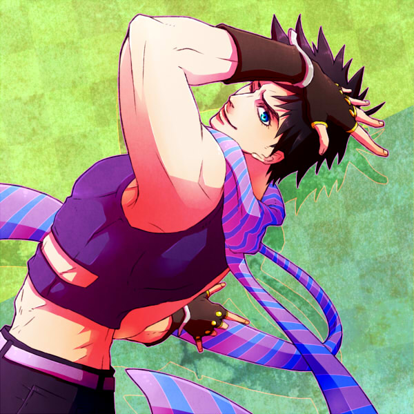 1boy, black_hair, blue_eyes, fingerless_gloves, gloves, jojo_no_kimyou_na_bouken, joseph_joestar_(young), midriff, naka_(dragonwalker), scarf, solo, wink