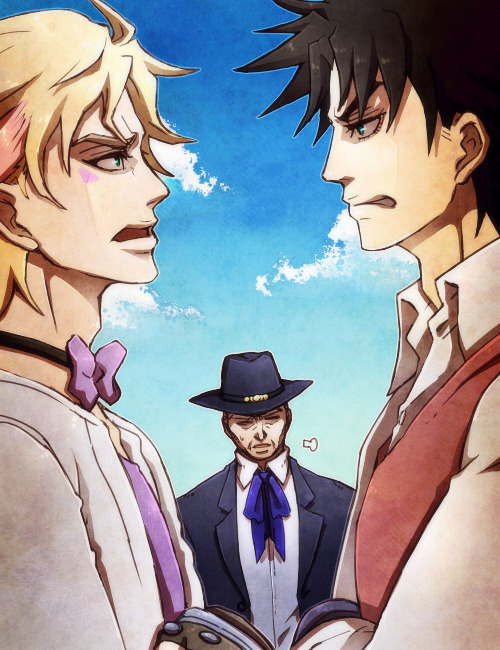 3boys, blonde_hair, brown_hair, caesar_anthonio_zeppeli, facial_mark, hat, jojo_no_kimyou_na_bouken, joseph_joestar_(young)