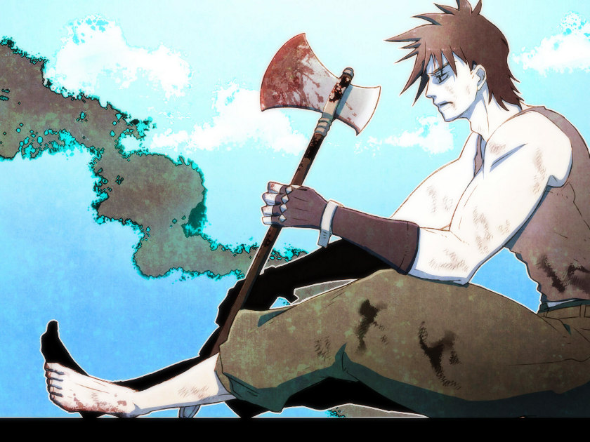 1boy, axe, barefoot, blood, jojo_no_kimyou_na_bouken, joseph_joestar_(young), naka_(dragonwalker), solo