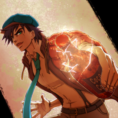 1boy, black_hair, blue_eyes, bottle, cabbie_hat, cola, hat, jacket, jojo_no_kimyou_na_bouken, joseph_joestar_(young), lowres, naka_(dragonwalker), necktie, red_jacket, solo, suspenders