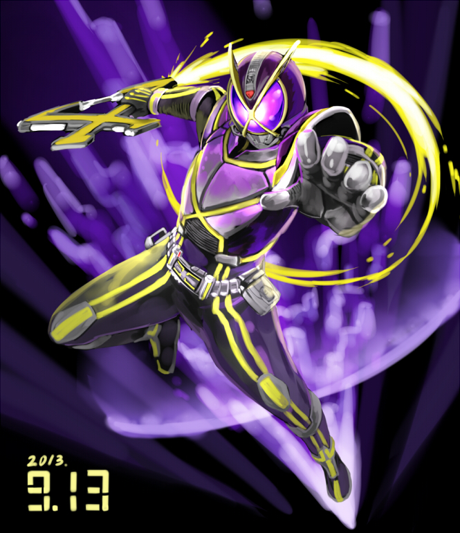 1boy, belt, foreshortening, glowing, glowing_eyes, kamen_rider, kamen_rider_555, kamen_rider_kaixa, male, solo, sword, tumikaze, weapon