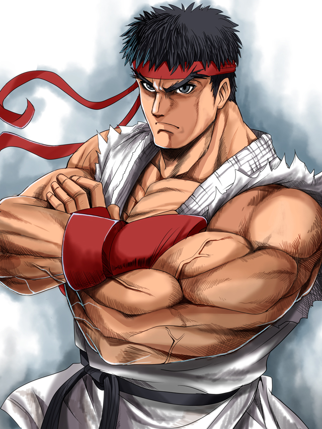 1boy, black_eyes, black_hair, capcom, crossed_arms, dougi, fingerless_gloves, frown