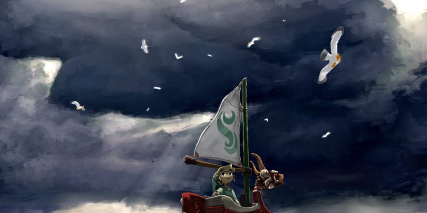 1boy, bird, black_eyes, blonde_hair, boat, clouds, cloudy_sky, creature