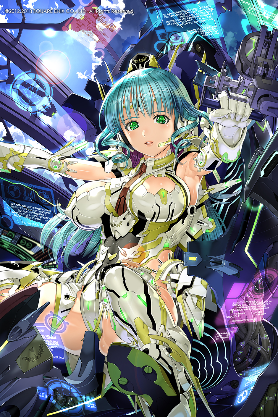 1girl, aqua_hair, armpits, bodysuit, breasts, drill_hair, gloves, green_eyes