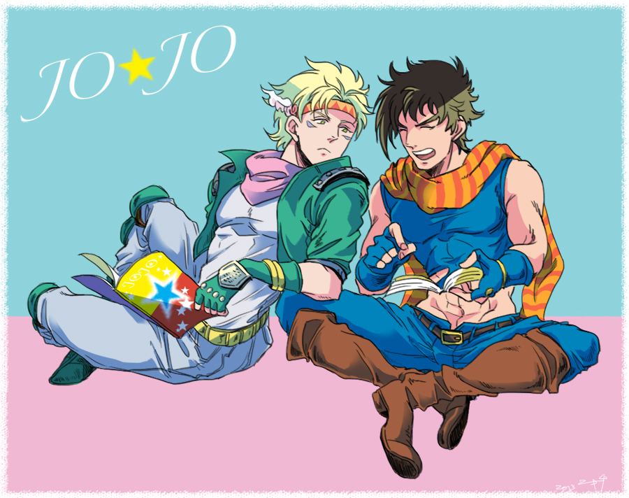 2boys, blonde_hair, book, brown_hair, caesar_anthonio_zeppeli, facial_mark, green_eyes, green_jacket, headband, jacket, jojo_no_kimyou_na_bouken, joseph_joestar_(young), midriff, multiple_boys, scarf, yukichi_nandana