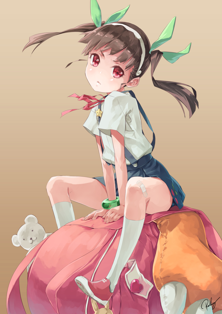 1girl, backpack, bag, bakemonogatari, bandaid, bandaid_on_knee, bracelet, brown_background