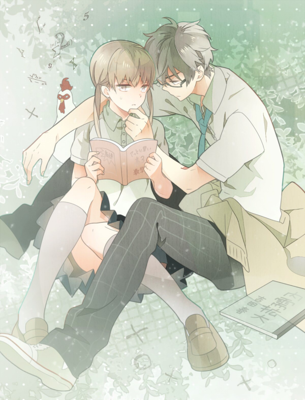 1boy, 1girl, arm_over_shoulder, bird, black_hair, book, brown_eyes, brown_hair