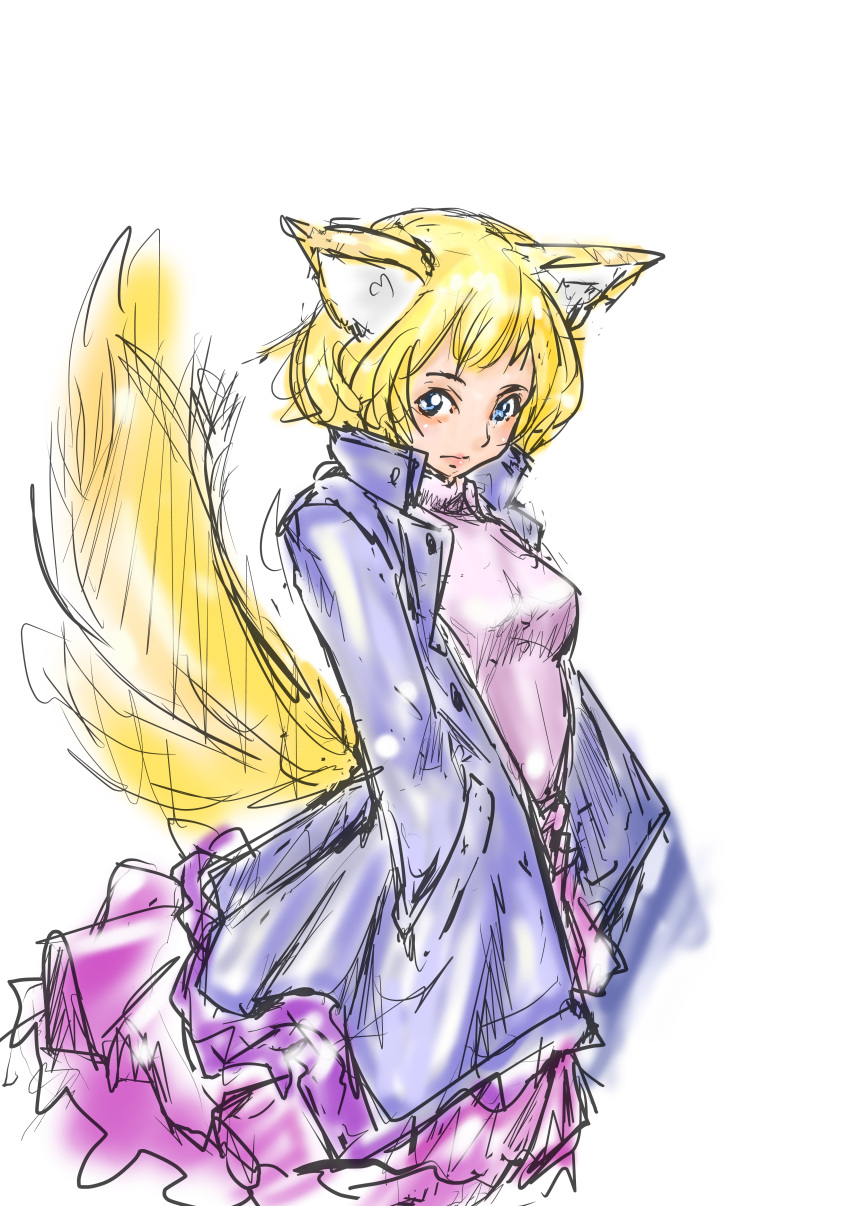 absurdres, alternate_costume, animal_ears, blonde_hair, blue_eyes, contemporary, fox_ears, fox_tail, hands_in_pockets, headwear_removed, highres, jacket, mersoleil03, ruffled_skirt, skirt, tail, touhou, yakumo_ran