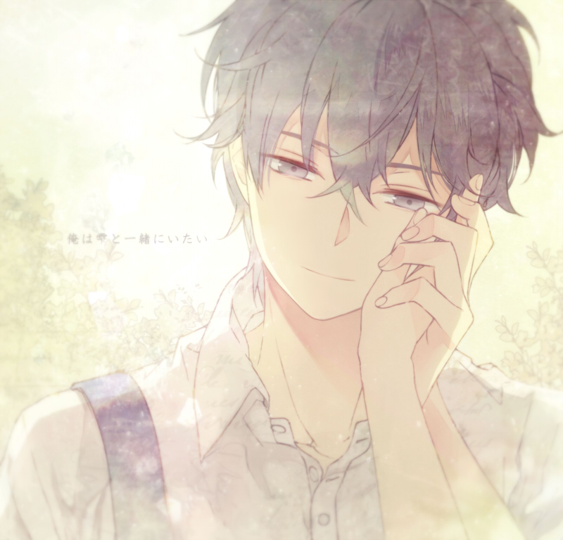 1boy, black_hair, grey_eyes, hand_on_another's_cheek, hand_on_another's_face, holding_hands, lirura, school_uniform