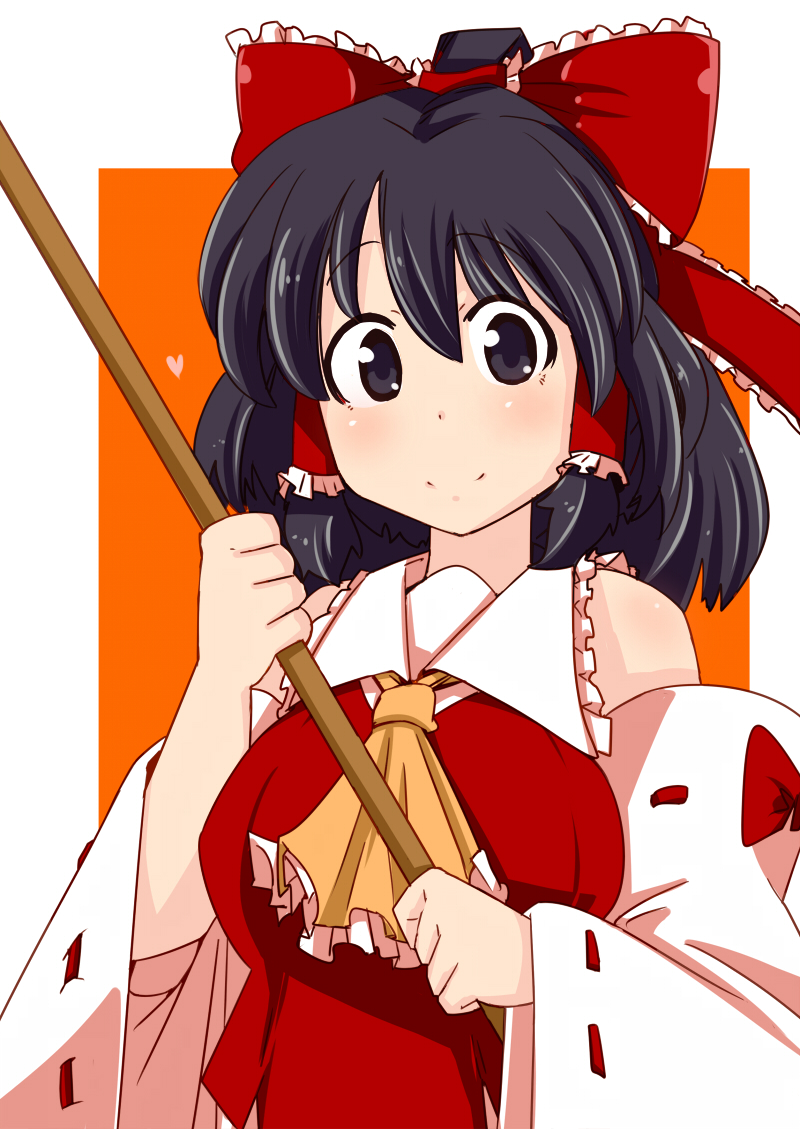 1girl, bare_shoulders, black_eyes, black_hair, detached_sleeves, eruichi_(redphantom), hair_ribbon, hair_tubes, hakurei_reimu, ponytail, ribbon, solo, touhou