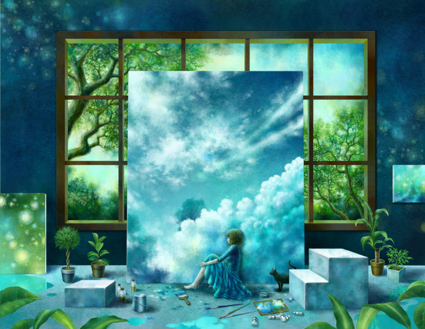 1girl, black_cat, brown_hair, canvas_(object), cat, clouds, kazami_(kuroro), original