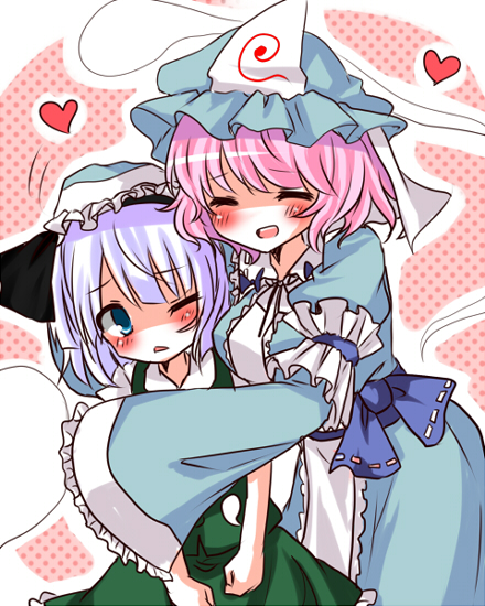 2girls, blue_eyes, blush, closed_eyes, embarrassed, frills, heart, japanese_clothes, kimono, konpaku_youmu, konpaku_youmu_(ghost), multiple_girls, pat, pink_hair, rai_(artist), saigyouji_yuyuko, short_hair, silver_hair, touhou, triangular_headpiece, wide_sleeves, yuri
