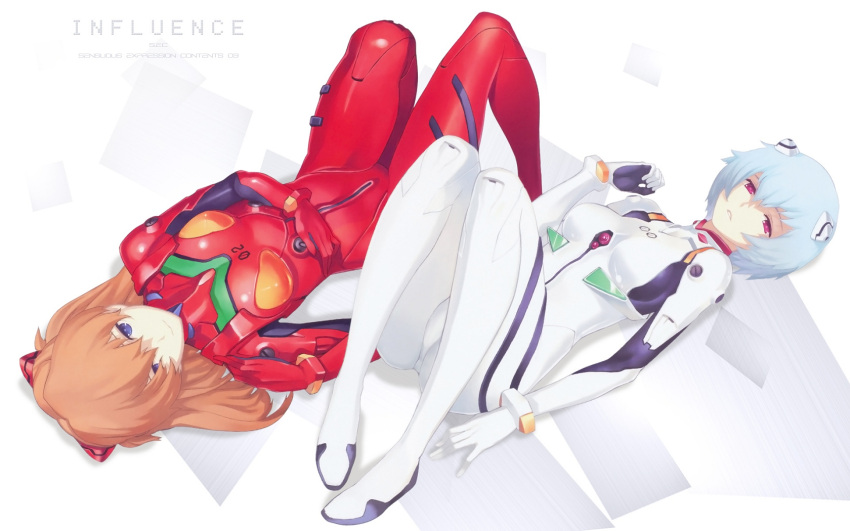 ayanami_rei, blue_eyes, blue_hair, bodysuit, hair_ornament, highres, influence, long_hair, lying, multiple_girls, nagi_ryou, neon_genesis_evangelion, on_back, plugsuit, red_eyes, red_hair, shikinami_asuka_langley, short_hair, skin_tight, souryuu_asuka_langley, wallpaper, white