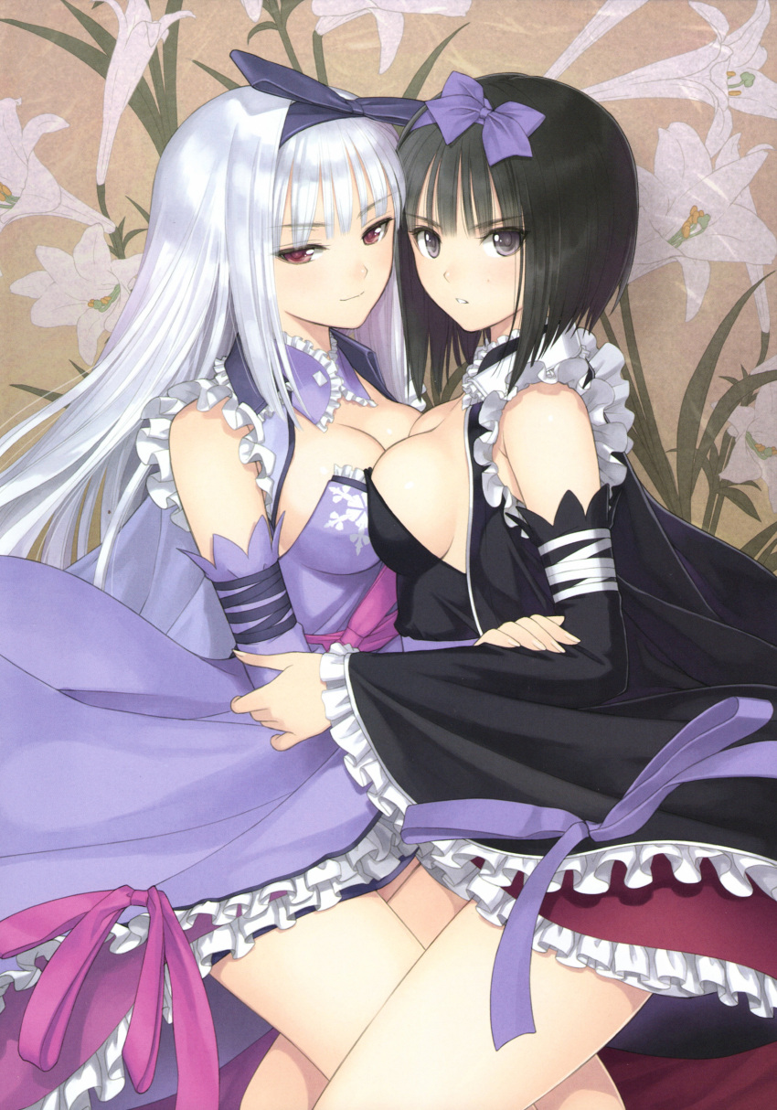 2girls, absurdres, black_hair, breast_press, breasts, cleavage, detached_sleeves, grey_hair