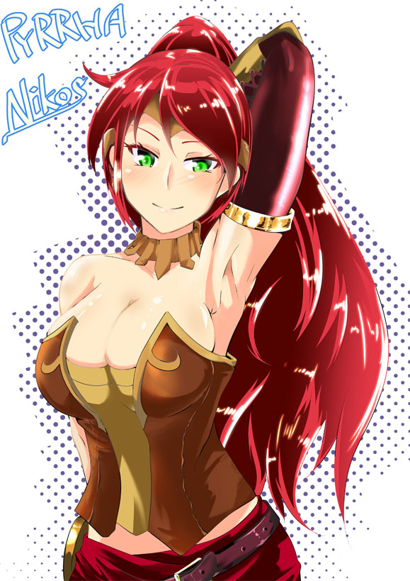 1girl, armpits, belt, breasts, character_name, cleavage, collar, gloves