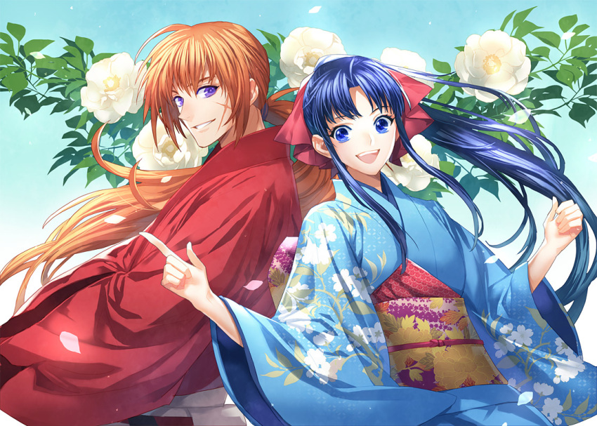 1boy, 1girl, :d, blue_eyes, blue_hair, floral_print, flower, grin