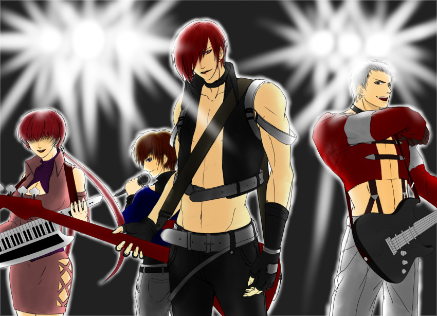 1girl, 3boys, alternate_costume, band, bass_guitar, belt, blue_eyes, breasts
