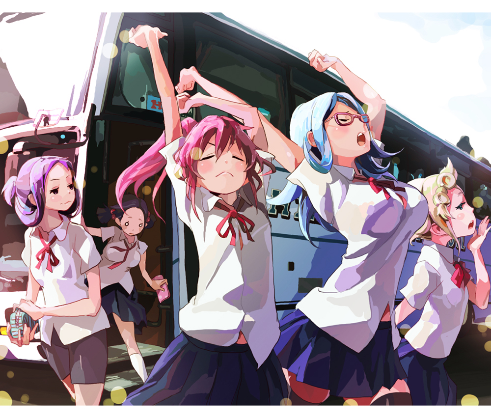 5girls, arms_up, atago_hiroe, atago_kinue, bike_shorts, black_hair, black_legwear, blonde_hair