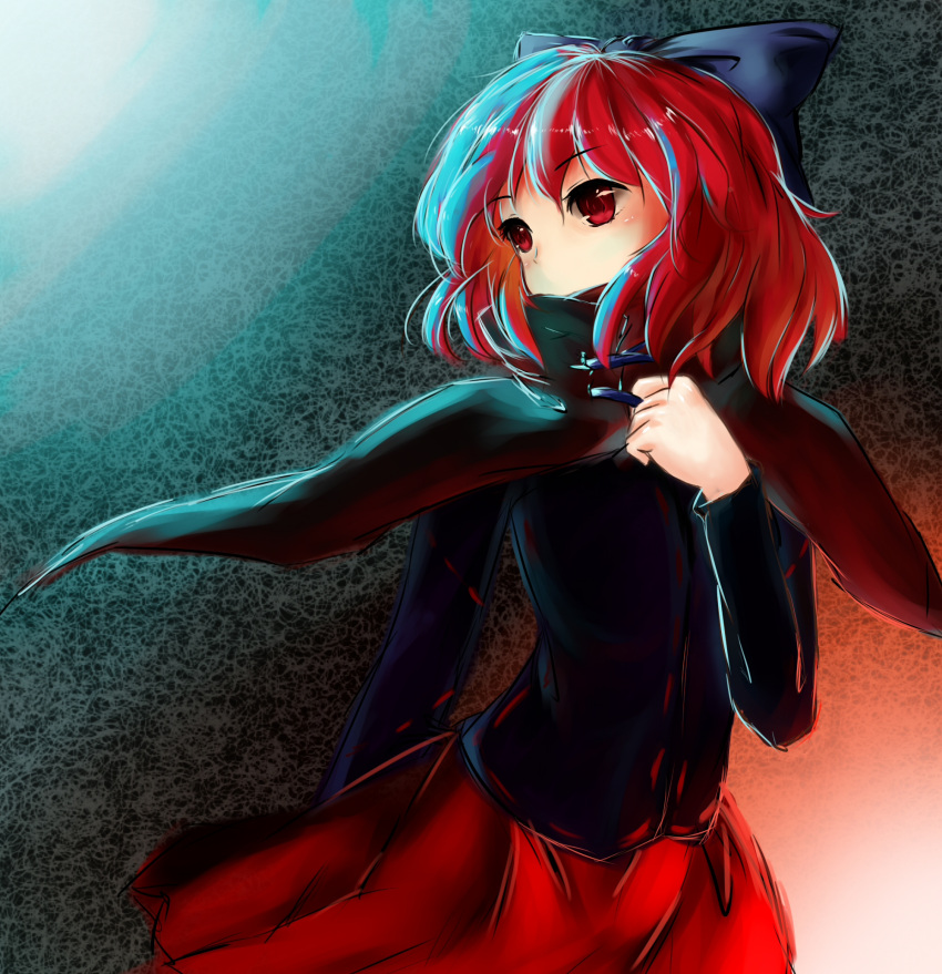 1girl, arm_behind_back, blouse, bow, cape, covering_mouth, facing_away, gradient, gradient_background, hair_bow, hand_on_own_chest, highres, little_nine, long_sleeves, looking_away, red_eyes, redhead, sekibanki, short_hair, skirt, touhou