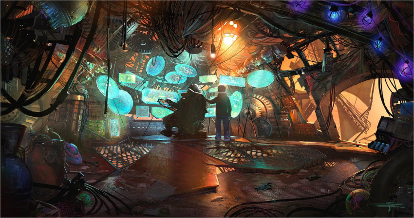 2boys, cable, chair, computer, edward_del_rio, from_behind, gears, highres