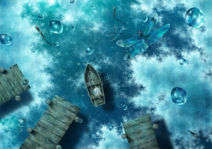 1girl, boat, dragonfly, kazami_(kuroro), original, rain, sitting, water