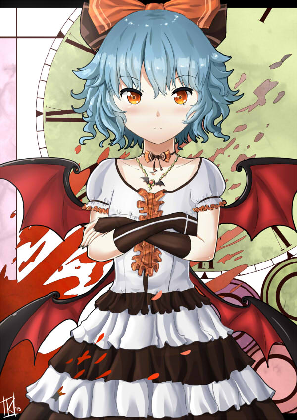 1girl, alternate_costume, bat_wings, blue_hair, border, bow, bridal_gauntlets, choker