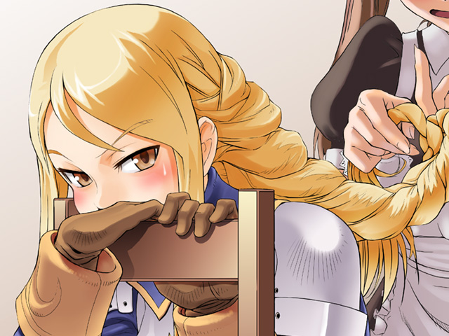 armor, bad_id, blonde_hair, blush, braid, brown_eyes, chair, deep_cave, final_fantasy, final_fantasy_tactics, gloves, hairdressing, pierre_norano, sitting, sitting_backwards