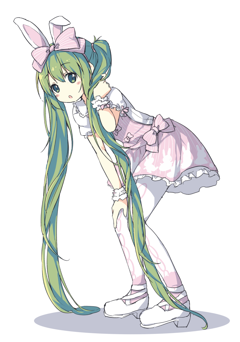 1girl, animal_ears, green_eyes, green_hair, hatsune_miku, long_hair, nekito, open_mouth