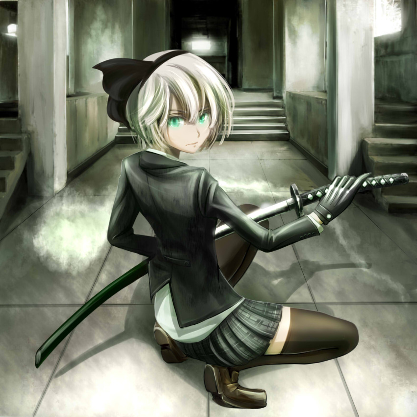 1girl, alternate_costume, drawing_sword, gloves, green_eyes, hairband, highres, katana