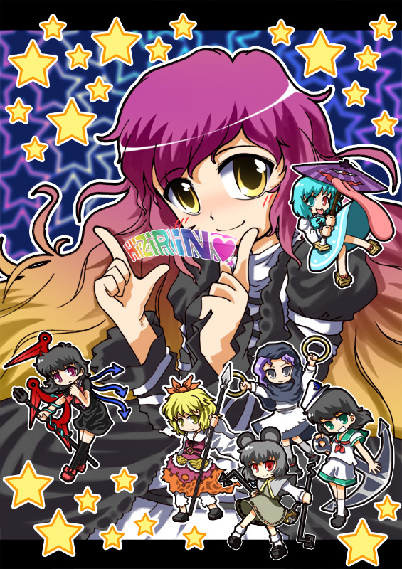 anchor, animal_ears, black_hair, blonde_hair, chisato, everyone, green_eyes, hat