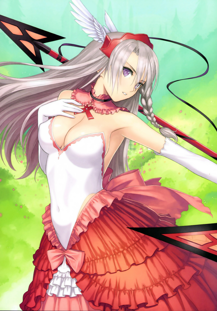 1girl, absurdres, braid, breasts, cleavage, clothed_navel, detached_collar, dress, elbow_gloves, gloves, grey_hair, hand_on_own_chest, headgear, highres, long_hair, parted_lips, polearm, roselinde_(shining_blade), scan, shining_(series), shining_blade, side_braid, solo, taka_tony, tanaka_takayuki, violet_eyes, weapon, white_gloves