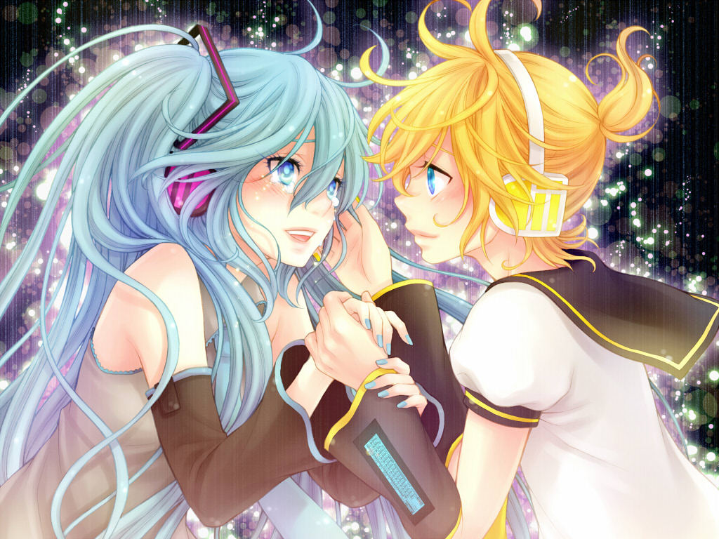 1boy, 1girl, aqua_eyes, aqua_hair, blonde_hair, blue_eyes, couple, detached_sleeves