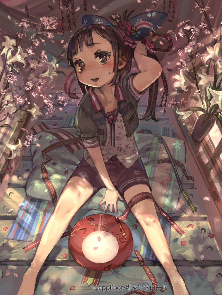 1girl, alcohol, blush, brown_eyes, brown_hair, child, flat_chest, flower