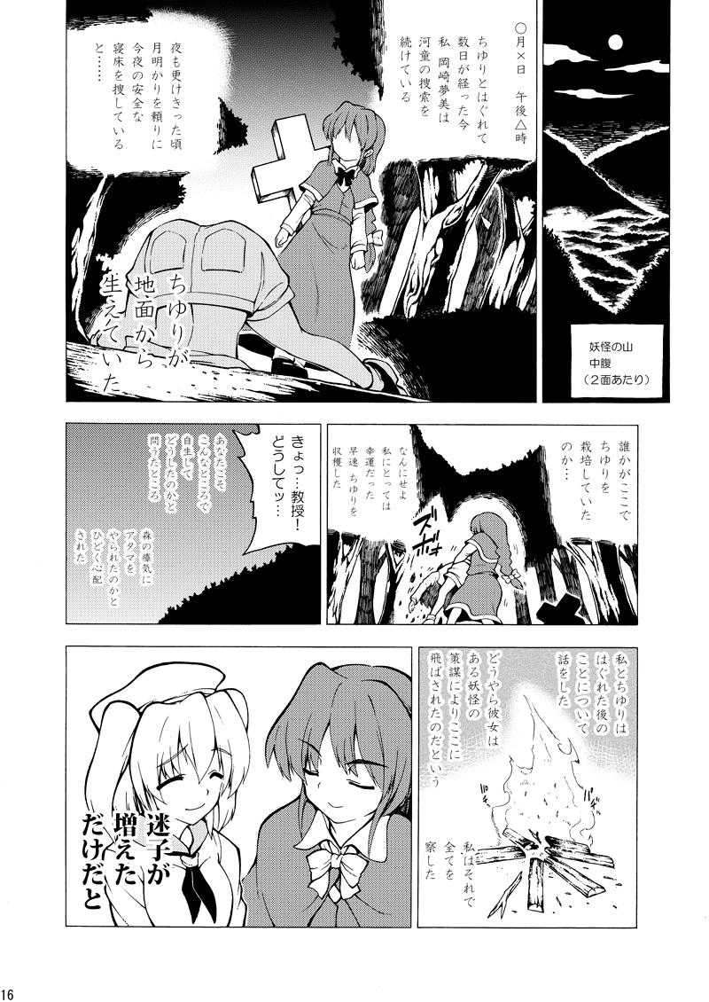 2girls, ^_^, campfire, capelet, closed_eyes, comic, cross, dress