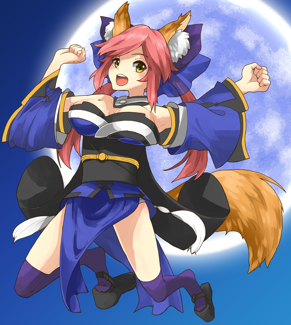 1girl, animal_ears, bare_shoulders, bow, breasts, caster_(fate/extra), choker, cleavage