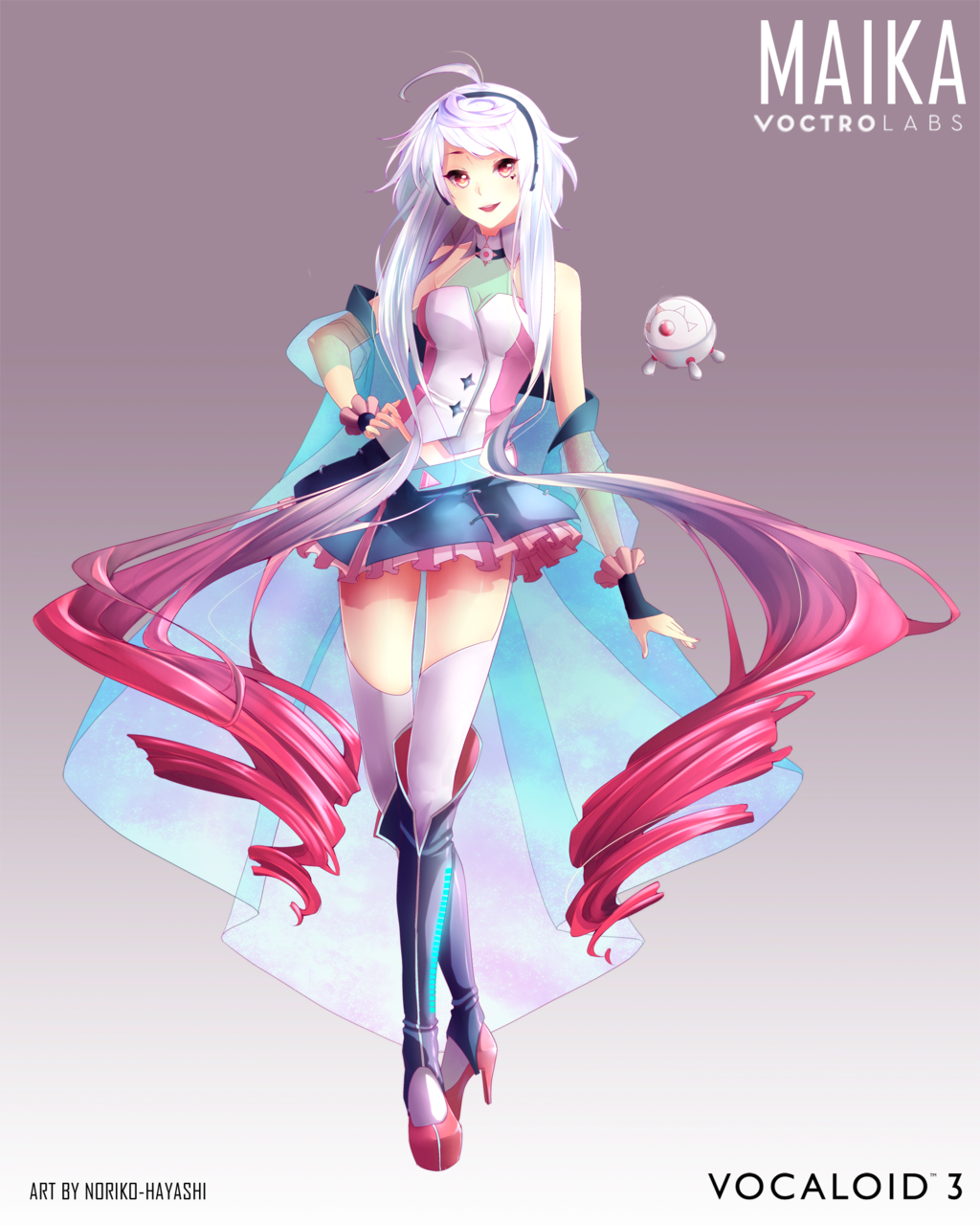 detached_collar, frilled_skirt, gradient_hair, high_heels, highres, long_hair, maika_(vocaloid), multicolored_hair