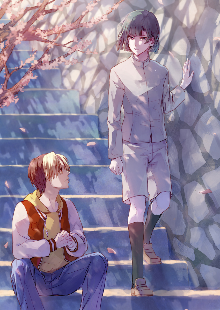 2boys, absurdres, black_eyes, black_hair, blonde_hair, branch, cherry_blossoms, green_hair
